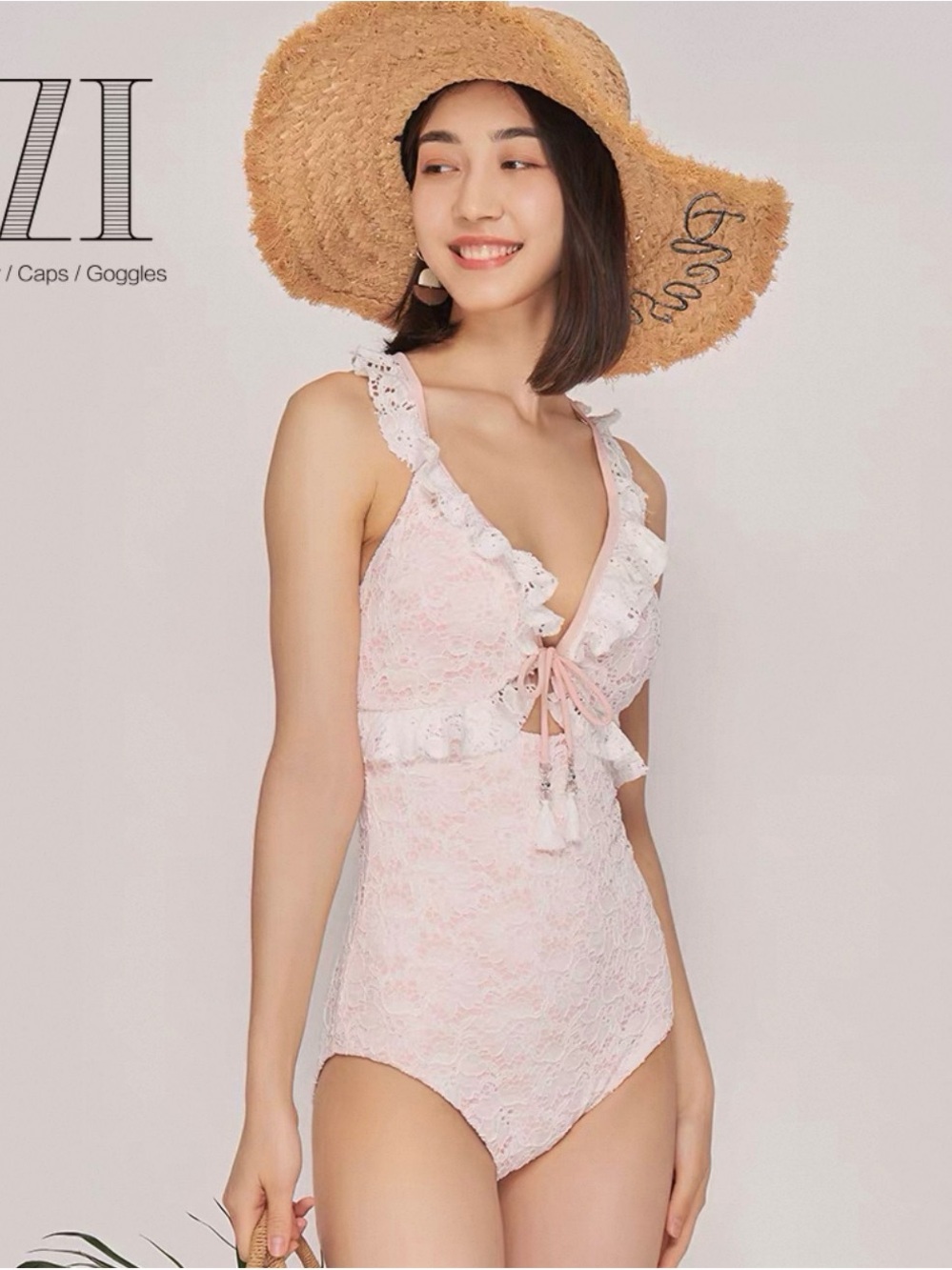 EZI Lace Ruffle Pink One-Piece Swimsuit with Front Tie